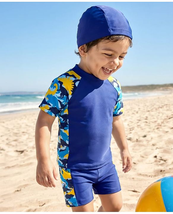 Babyhug Half Raglan Sleeves Two Piece Swimsuit With Dino Print & Swimming Cap - Navy Blue