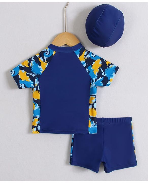 Babyhug Half Raglan Sleeves Two Piece Swimsuit With Dino Print & Swimming Cap - Navy Blue