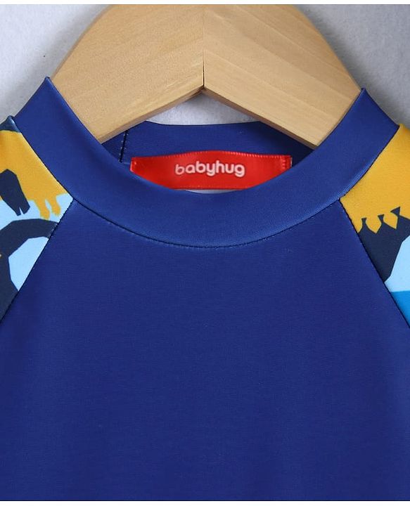 Babyhug Half Raglan Sleeves Two Piece Swimsuit With Dino Print & Swimming Cap - Navy Blue