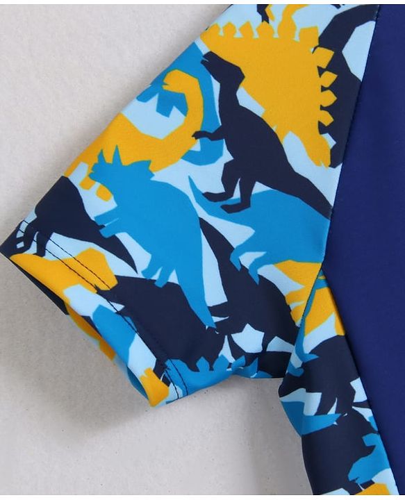 Babyhug Half Raglan Sleeves Two Piece Swimsuit With Dino Print & Swimming Cap - Navy Blue