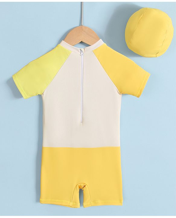 Babyhug Half Raglan Sleeves Legged Swimsuit with Giraffe Print - Yellow