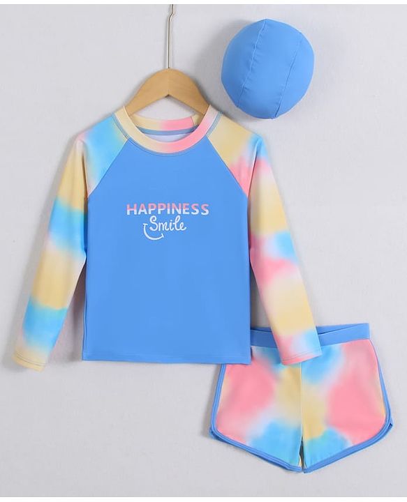 Pine Kids Full Raglan Sleeves Two Piece Swimsuit With Tie & Dye Print & Swimming Cap - Blue
