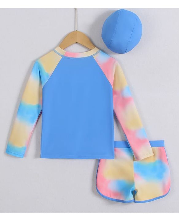 Pine Kids Full Raglan Sleeves Two Piece Swimsuit With Tie & Dye Print & Swimming Cap - Blue
