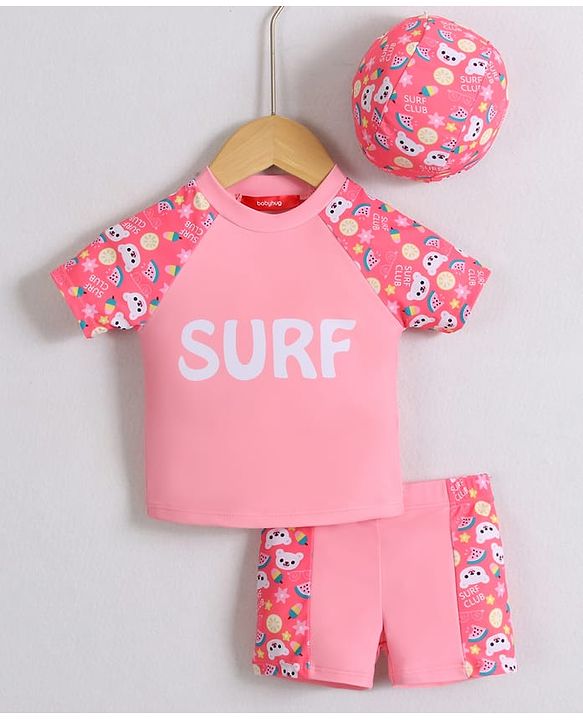 Babyhug Half Raglan Sleeves Two Piece Swimsuit & Cap with Teddy & Text Print - Pink