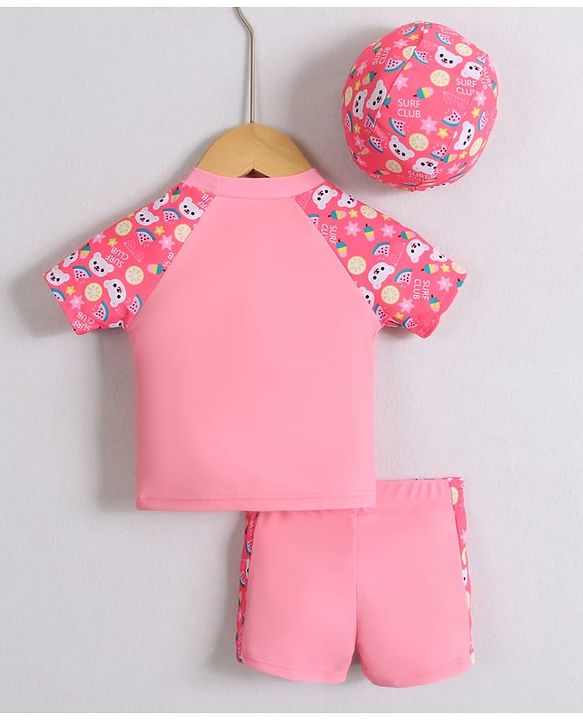 Babyhug Half Raglan Sleeves Two Piece Swimsuit & Cap with Teddy & Text Print - Pink