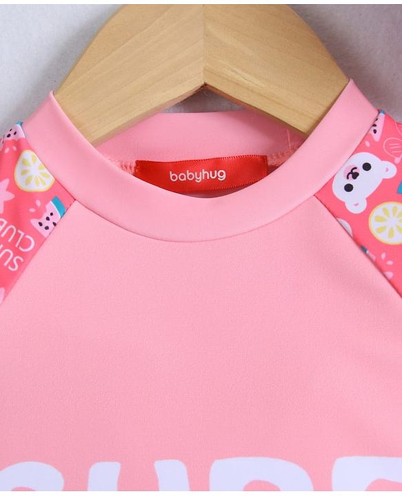 Babyhug Half Raglan Sleeves Two Piece Swimsuit & Cap with Teddy & Text Print - Pink