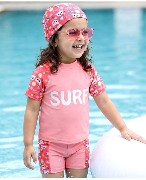 Babyhug Half Raglan Sleeves Two Piece Swimsuit & Cap with Teddy & Text Print - Pink