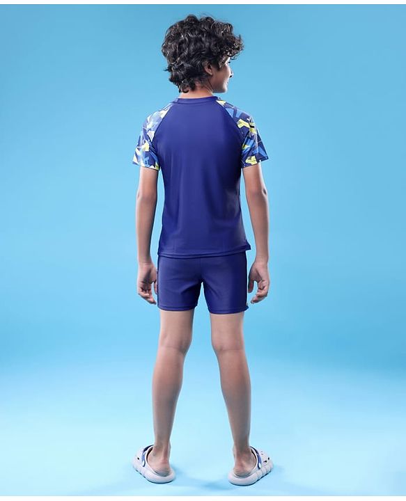 Pine Active Half Raglan Sleeves Printed Two Piece Swimsuit - Navy Blue