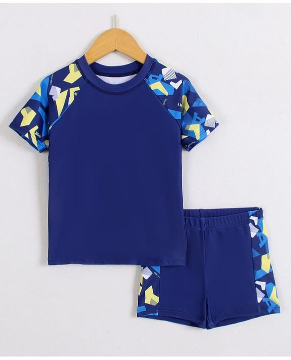 Pine Active Half Raglan Sleeves Printed Two Piece Swimsuit - Navy Blue