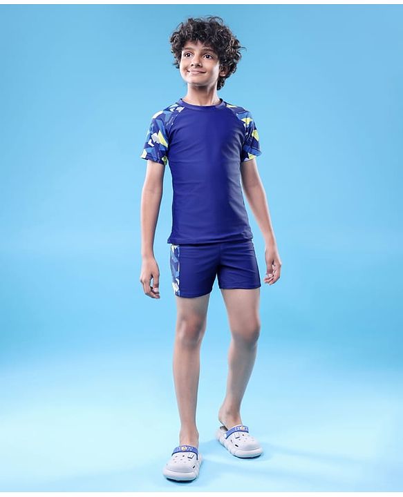 Pine Active Half Raglan Sleeves Printed Two Piece Swimsuit - Navy Blue