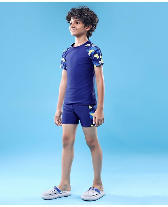 Pine Active Half Raglan Sleeves Printed Two Piece Swimsuit - Navy Blue