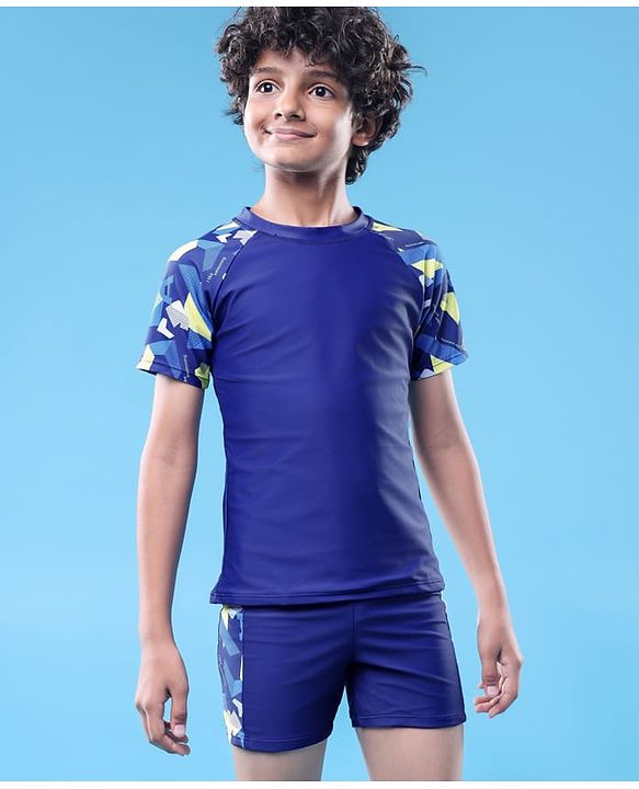 Pine Active Half Raglan Sleeves Printed Two Piece Swimsuit - Navy Blue