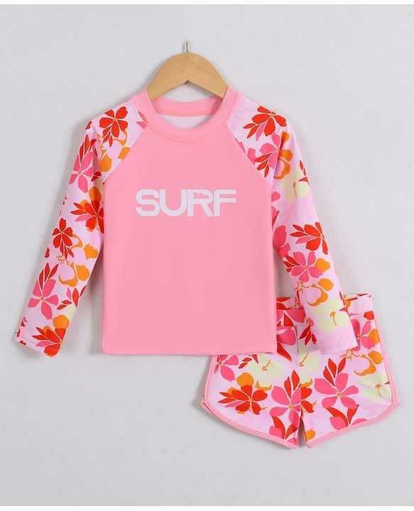Pine Kids Full Raglan Sleeves Two Piece Swimsuit With Floral Print - Pink