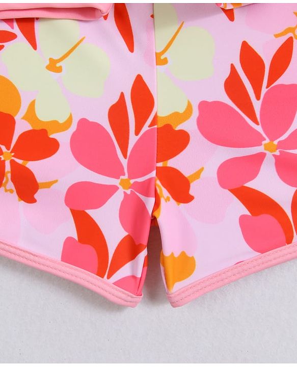 Pine Kids Full Raglan Sleeves Two Piece Swimsuit With Floral Print - Pink