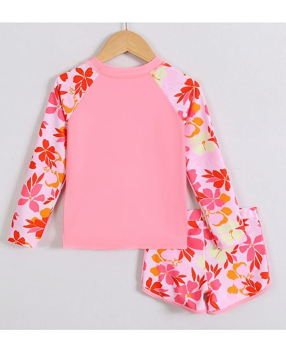 Pine Kids Full Raglan Sleeves Two Piece Swimsuit With Floral Print - Pink
