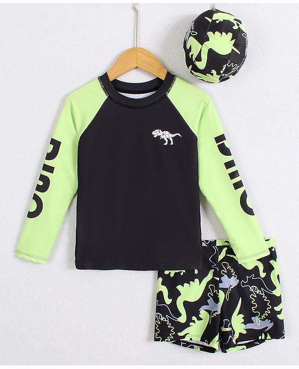 Pine Kids Full Raglan Sleeves Two Piece Swimsuit with Dino Print - Black
