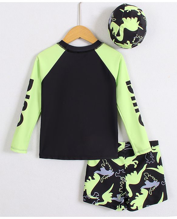 Pine Kids Full Raglan Sleeves Two Piece Swimsuit with Dino Print - Black