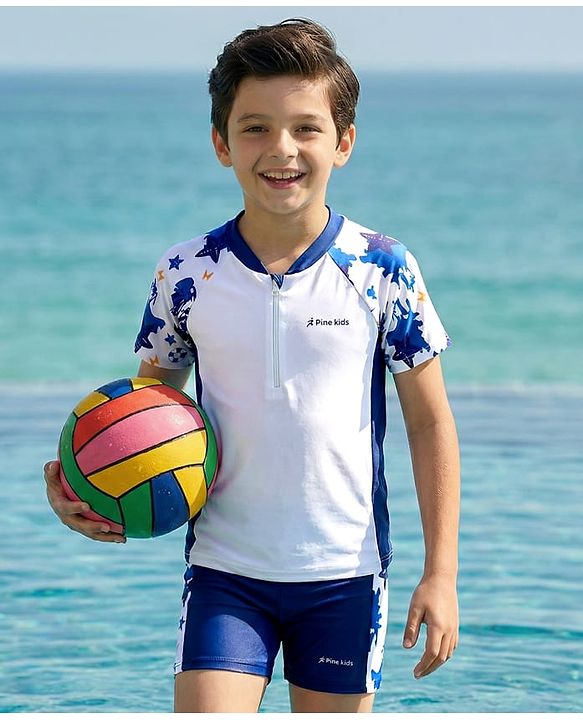Pine Kids Half Raglan Sleeves Two Piece Swimsuit with Star Fish Print - Blue & White