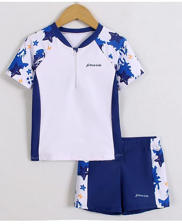 Pine Kids Half Raglan Sleeves Two Piece Swimsuit with Star Fish Print - Blue & White