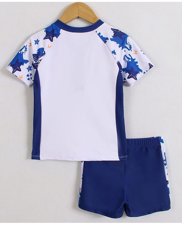 Pine Kids Half Raglan Sleeves Two Piece Swimsuit with Star Fish Print - Blue & White