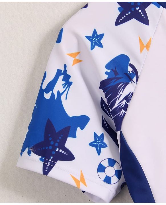 Pine Kids Half Raglan Sleeves Two Piece Swimsuit with Star Fish Print - Blue & White