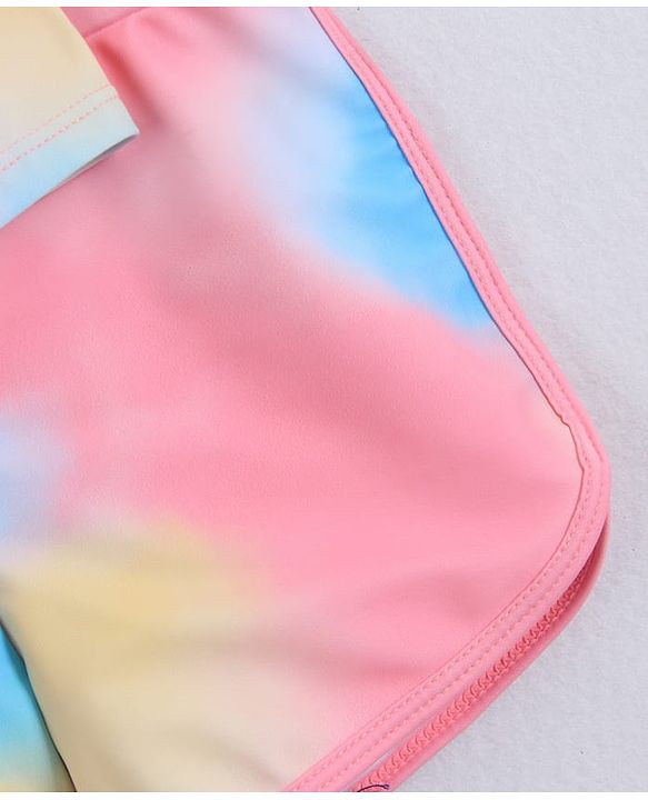 Pine Kids Full Raglan Sleeves Two Piece Swimsuit With Tie & Dye Print & Swimming Cap - Pink