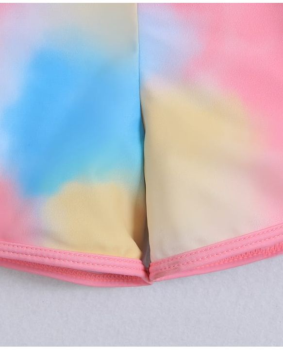 Pine Kids Full Raglan Sleeves Two Piece Swimsuit With Tie & Dye Print & Swimming Cap - Pink