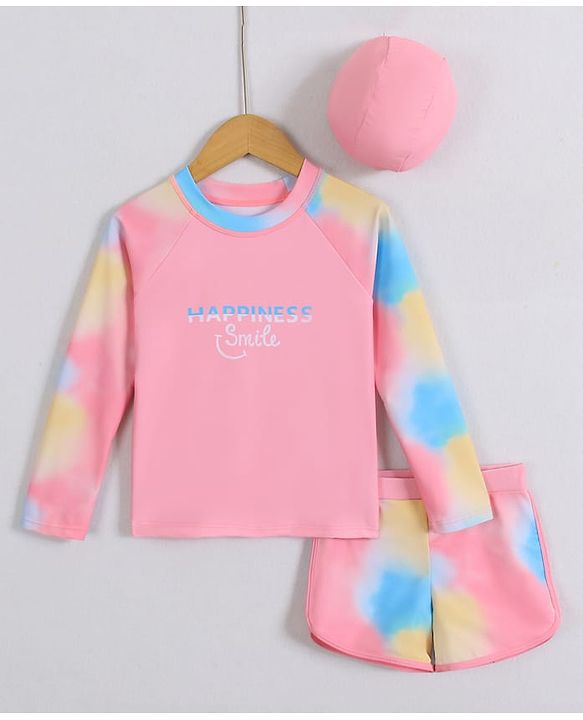 Pine Kids Full Raglan Sleeves Two Piece Swimsuit With Tie & Dye Print & Swimming Cap - Pink
