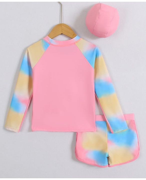 Pine Kids Full Raglan Sleeves Two Piece Swimsuit With Tie & Dye Print & Swimming Cap - Pink