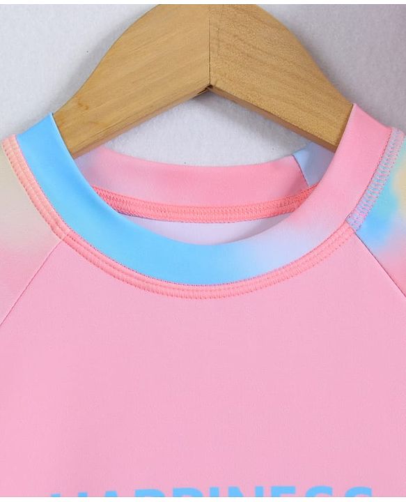 Pine Kids Full Raglan Sleeves Two Piece Swimsuit With Tie & Dye Print & Swimming Cap - Pink