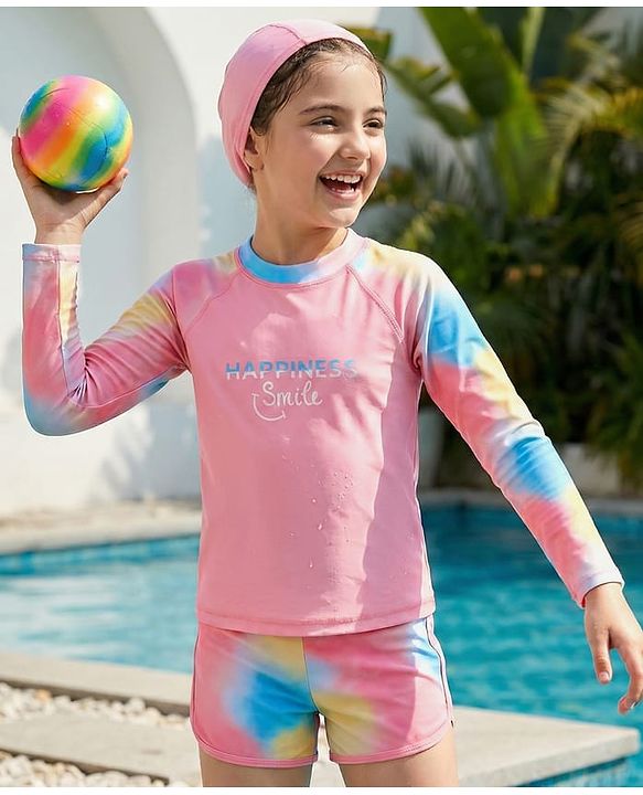 Pine Kids Full Raglan Sleeves Two Piece Swimsuit With Tie & Dye Print & Swimming Cap - Pink
