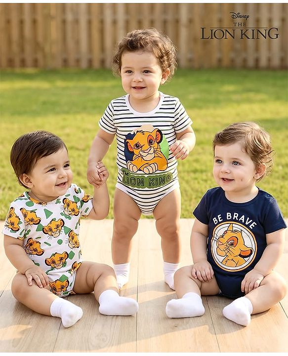 Babyhug Disney Interlock Knit Half Sleeves Onesies with Simba Graphics & Stripes Pack of 3 - White & Navy Blue