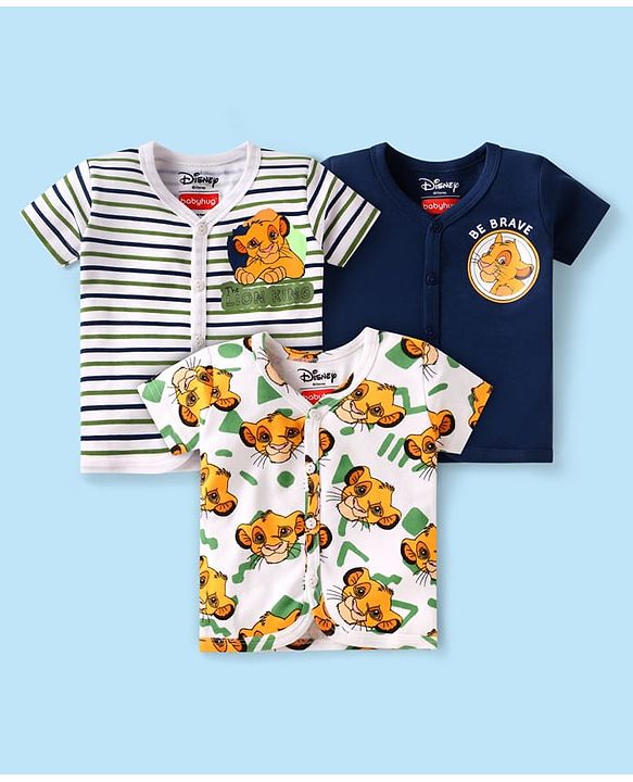 Babyhug Disney Interlock Knit Half Sleeves Jhablas With Simba Graphics Pack of 3 - Navy Blue & White