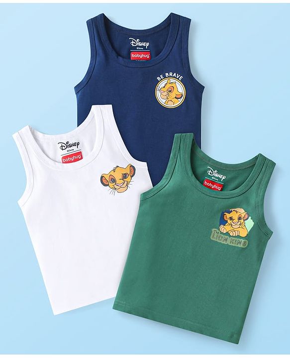 Babyhug Disney Interlock Knit Sleeveless Vests with Simba Graphics Pack of 3 - Green Navy Blue & White