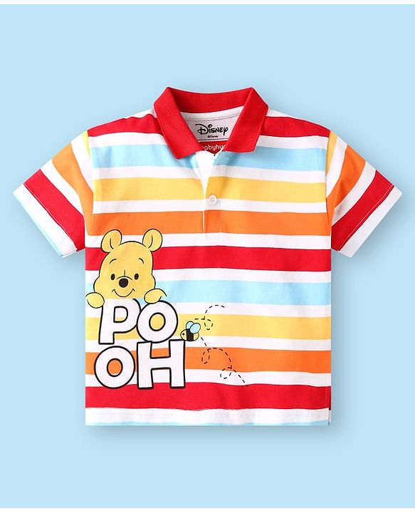 Babyhug Disney Single Jersey Knit Half Sleeves Striped Polo T-Shirt & Shorts Set With Winnie The Pooh Graphics - Red