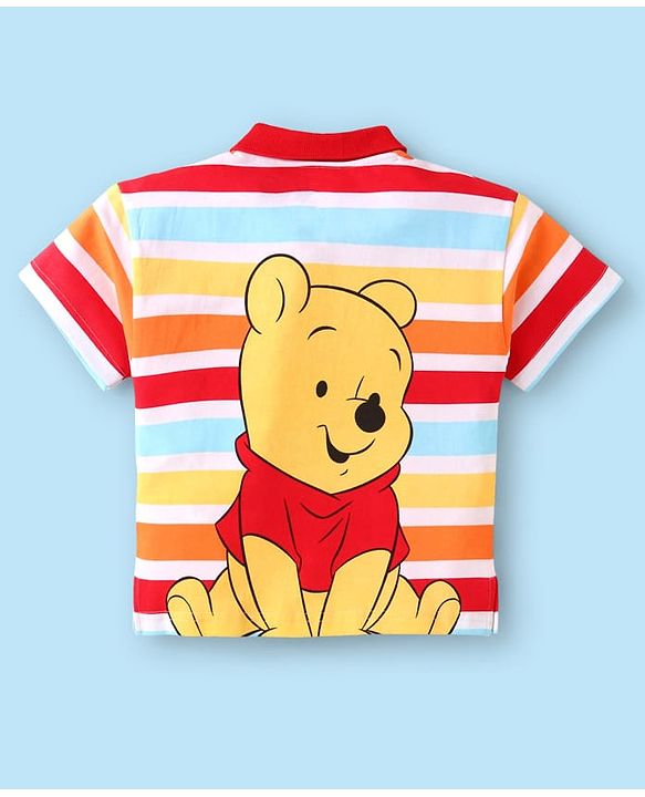 Babyhug Disney Single Jersey Knit Half Sleeves Striped Polo T-Shirt & Shorts Set With Winnie The Pooh Graphics - Red