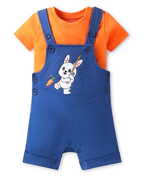 Babyhug Single Jersey Knit Bunny Embroidered Dungaree & Half Sleeves Solid T-Shirt Set - Orange & Blue