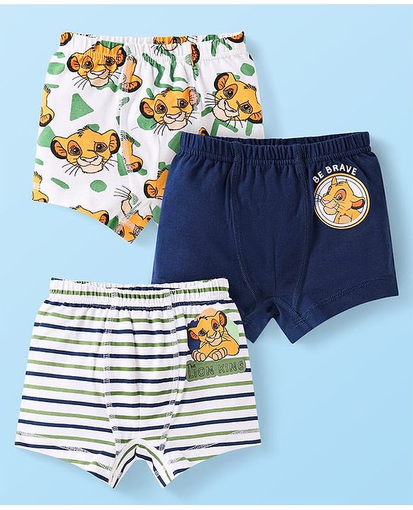Babyhug Disney Cotton Knit Mid Thigh Trunks With Simba Graphic Pack Of 3 - White & Navy Blue
