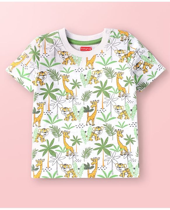 Babyhug Single Jersey Knit Jungle Theme Printed Dungaree & Half Sleeves T-Shirt Set - Green