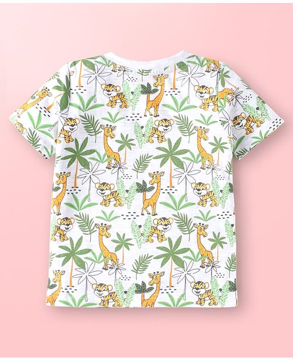 Babyhug Single Jersey Knit Jungle Theme Printed Dungaree & Half Sleeves T-Shirt Set - Green