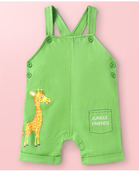 Babyhug Single Jersey Knit Jungle Theme Printed Dungaree & Half Sleeves T-Shirt Set - Green