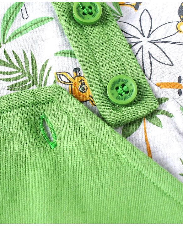 Babyhug Single Jersey Knit Jungle Theme Printed Dungaree & Half Sleeves T-Shirt Set - Green