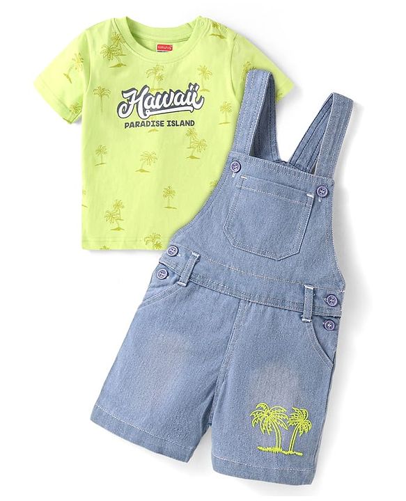 Babyhug Single Jersey Woven Dungaree & Half Sleeves T-Shirt With Tree Print - Blue & Green