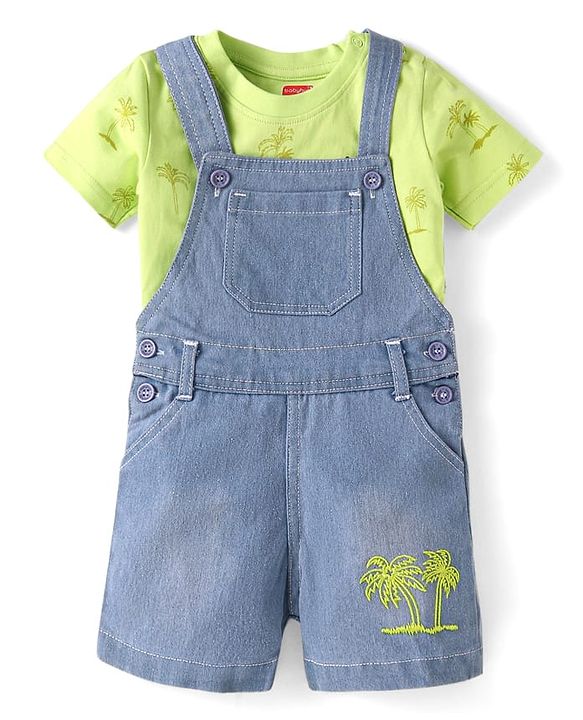 Babyhug Single Jersey Woven Dungaree & Half Sleeves T-Shirt With Tree Print - Blue & Green