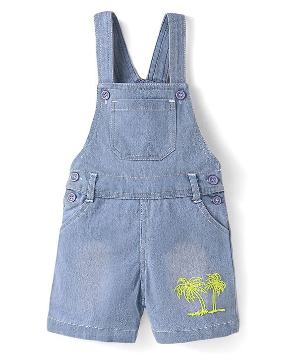 Babyhug Single Jersey Woven Dungaree & Half Sleeves T-Shirt With Tree Print - Blue & Green