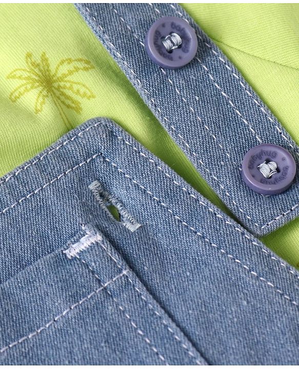 Babyhug Single Jersey Woven Dungaree & Half Sleeves T-Shirt With Tree Print - Blue & Green