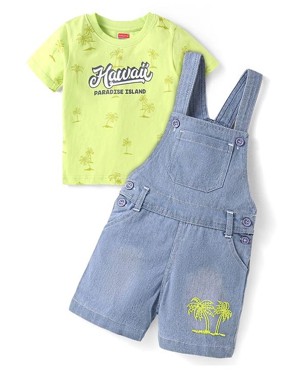 Babyhug Single Jersey Woven Dungaree & Half Sleeves T-Shirt With Tree Print - Blue & Green