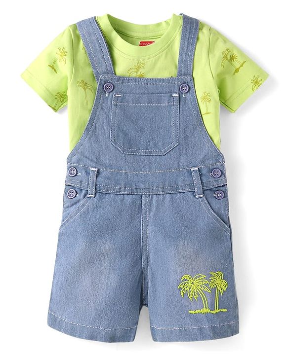 Babyhug Single Jersey Woven Dungaree & Half Sleeves T-Shirt With Tree Print - Blue & Green