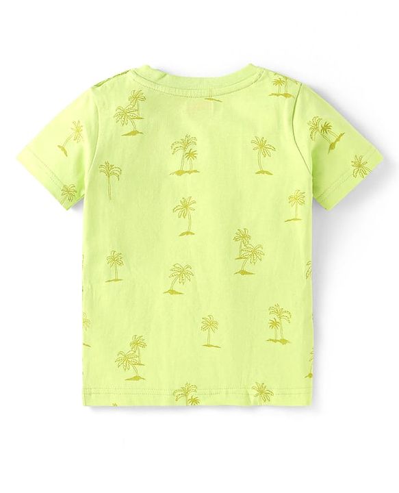 Babyhug Single Jersey Woven Dungaree & Half Sleeves T-Shirt With Tree Print - Blue & Green