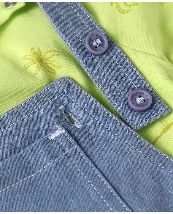 Babyhug Single Jersey Woven Dungaree & Half Sleeves T-Shirt With Tree Print - Blue & Green